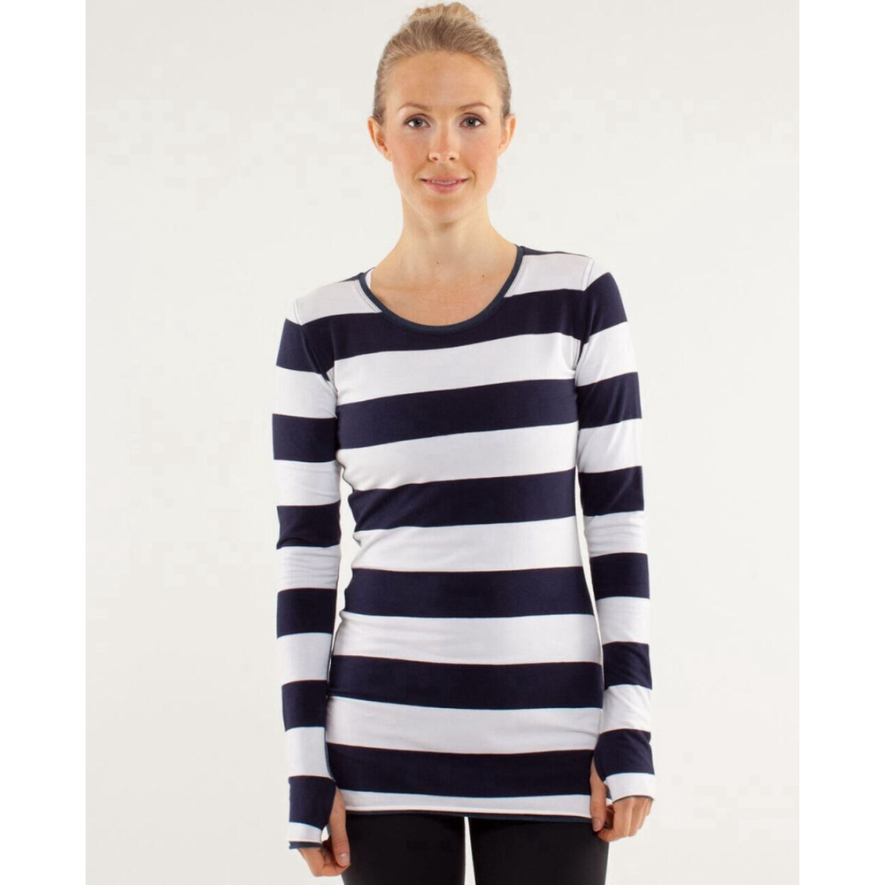 Lululemon Every Yogi Reversible Striped Long Sleeve Shirt Navy Blue White Sz 6